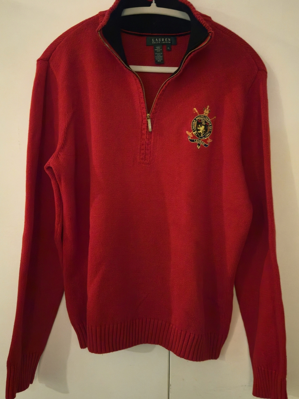 Vintage Lauren Ralph Lauren Red Quarter-Zip Knit Sweater Crest Logo XL